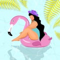 ÃÂ¡ute girl on an inflatable flamingo in pool. flat vector illustration. float rings Royalty Free Stock Photo